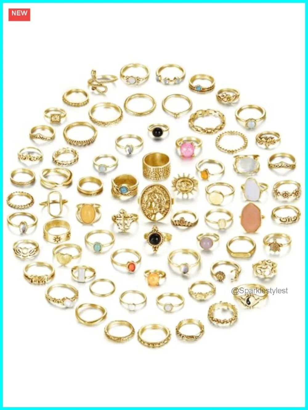 14K Gold Plated Stackable Knuckle Rings Set Crystal Boho 70 Pc